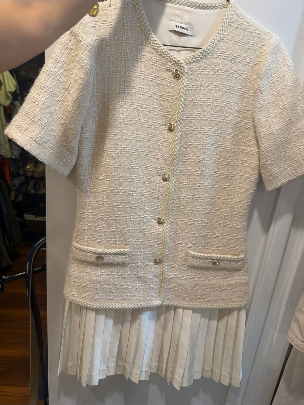 Sandro Ivory Tweed Short Sleeve DRESS with Gold Buttons and pleated skirt